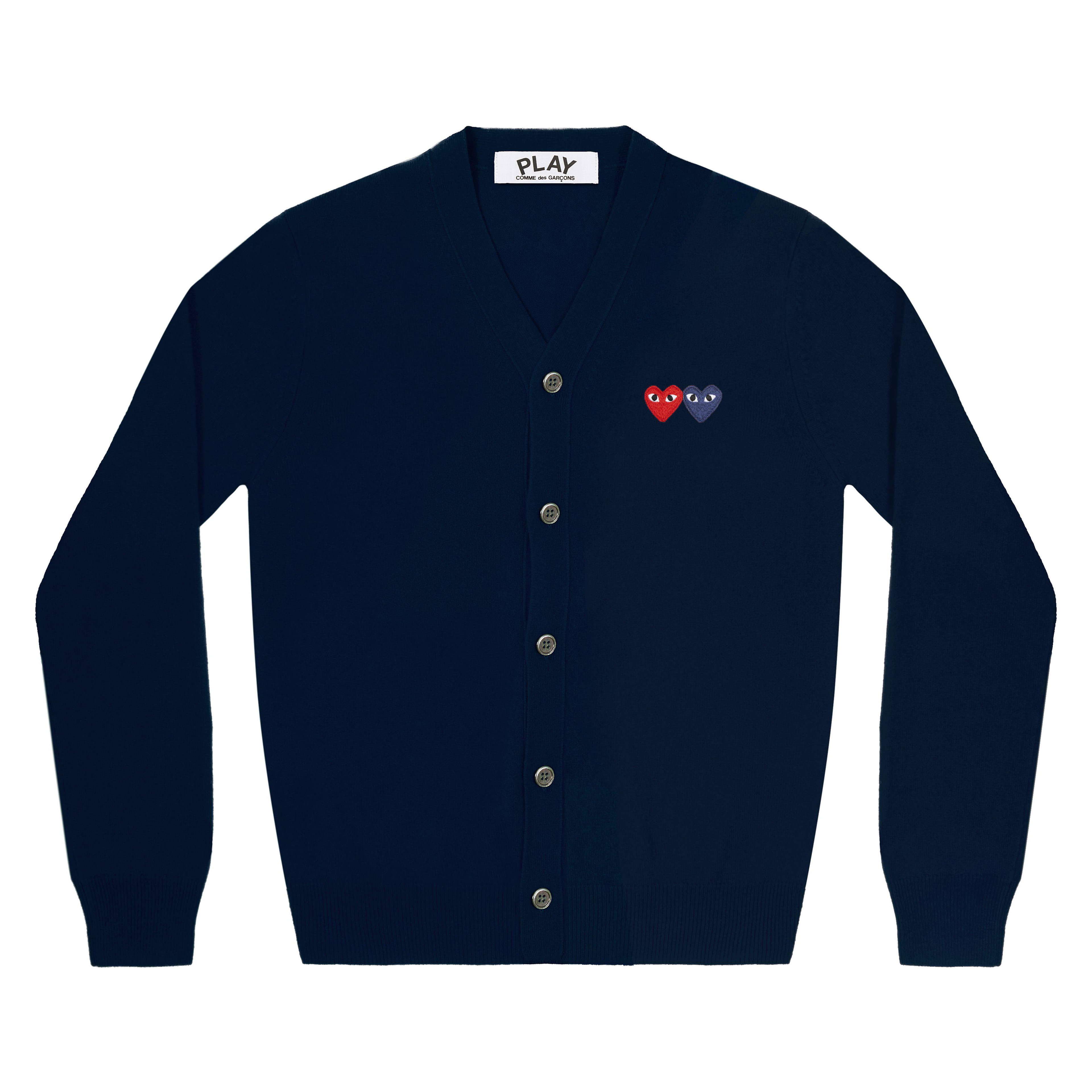 Play - Double Heart Men’s Cardigan - (Navy) by COMME DES GARCONS