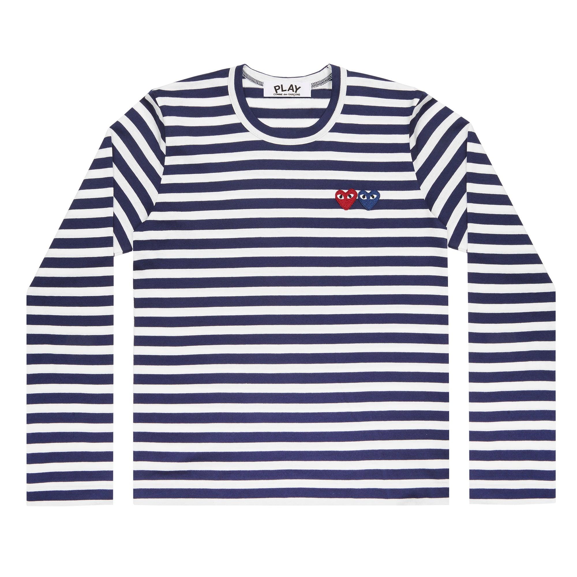 Play - Double Heart Striped Long Sleeve T-Shirt - (Navy/White) by COMME DES GARCONS