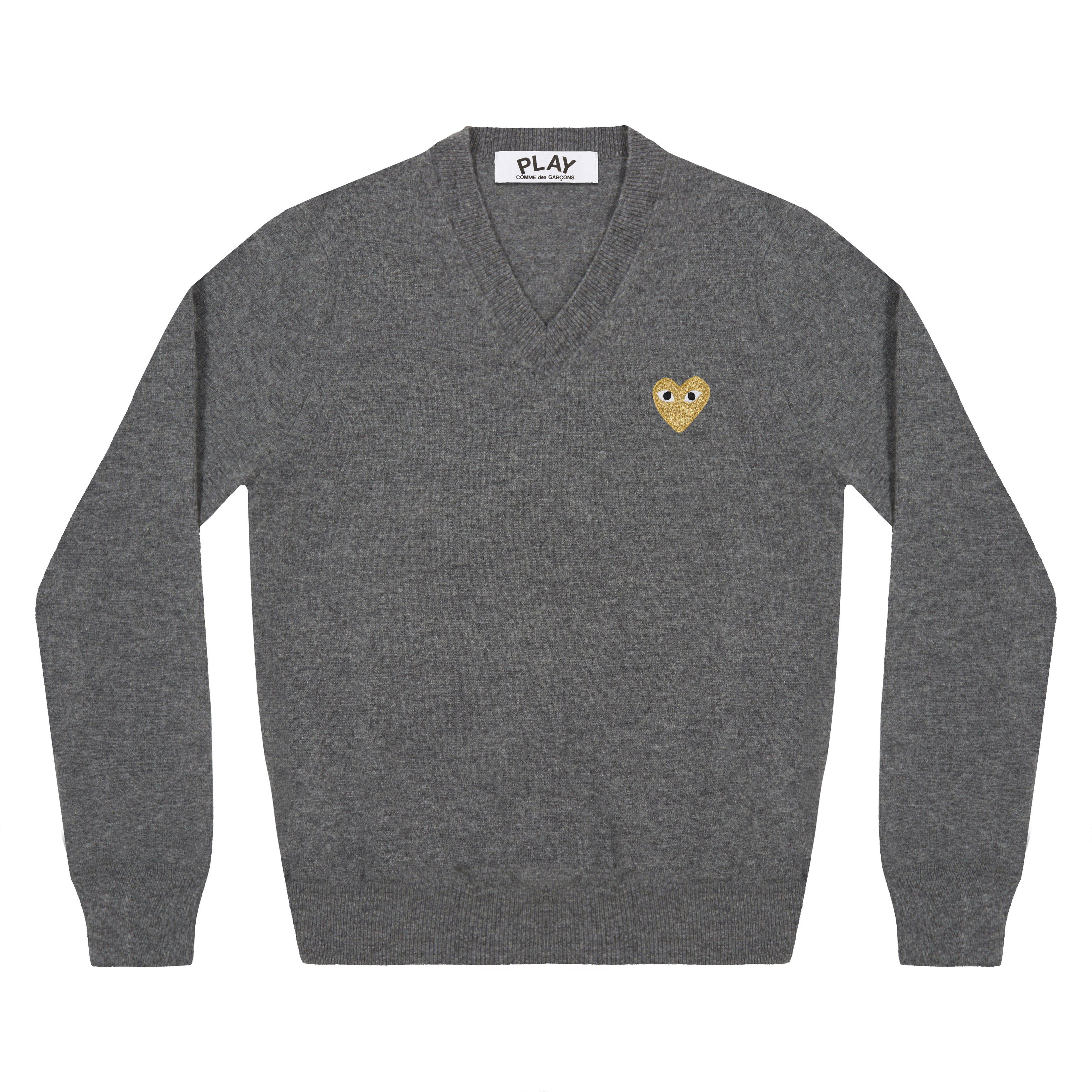 Play - Gold Heart V-Neck Sweater - (Mid Grey) by COMME DES GARCONS