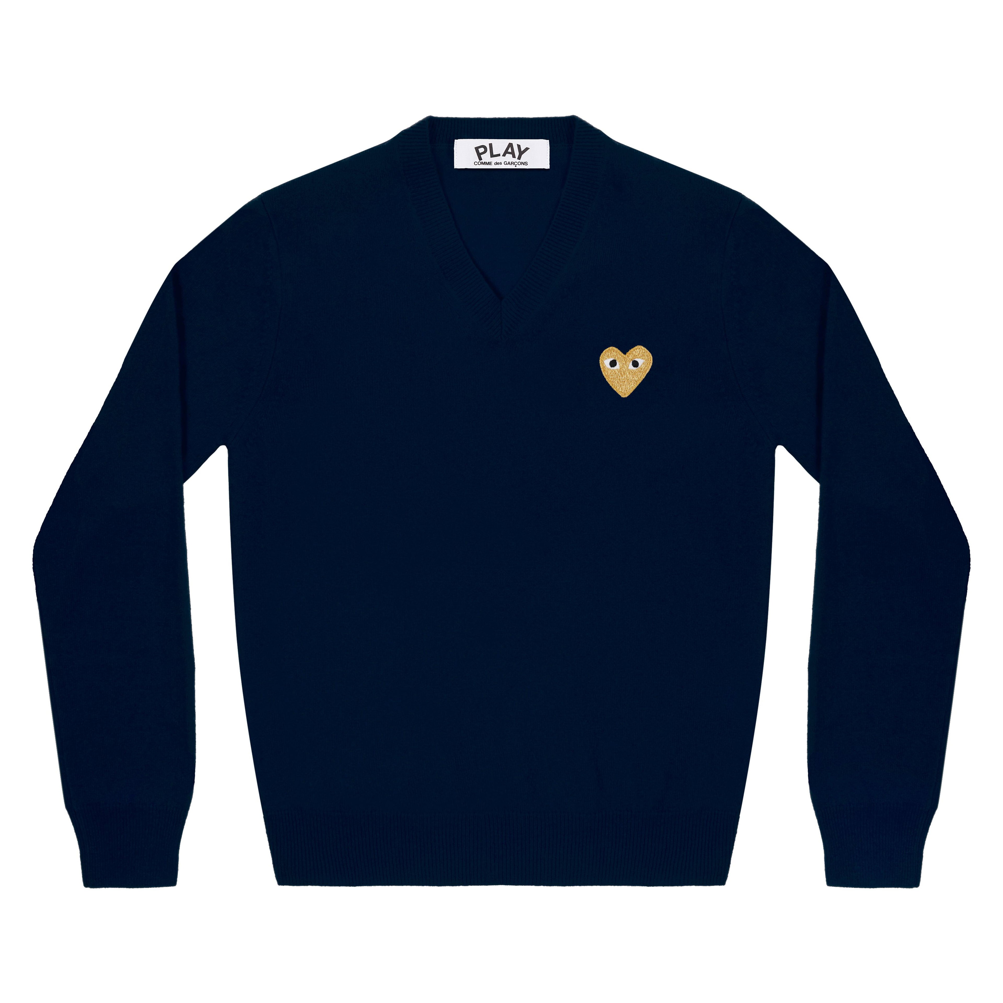 Play - Gold Heart V-Neck Sweater - (Navy) by COMME DES GARCONS