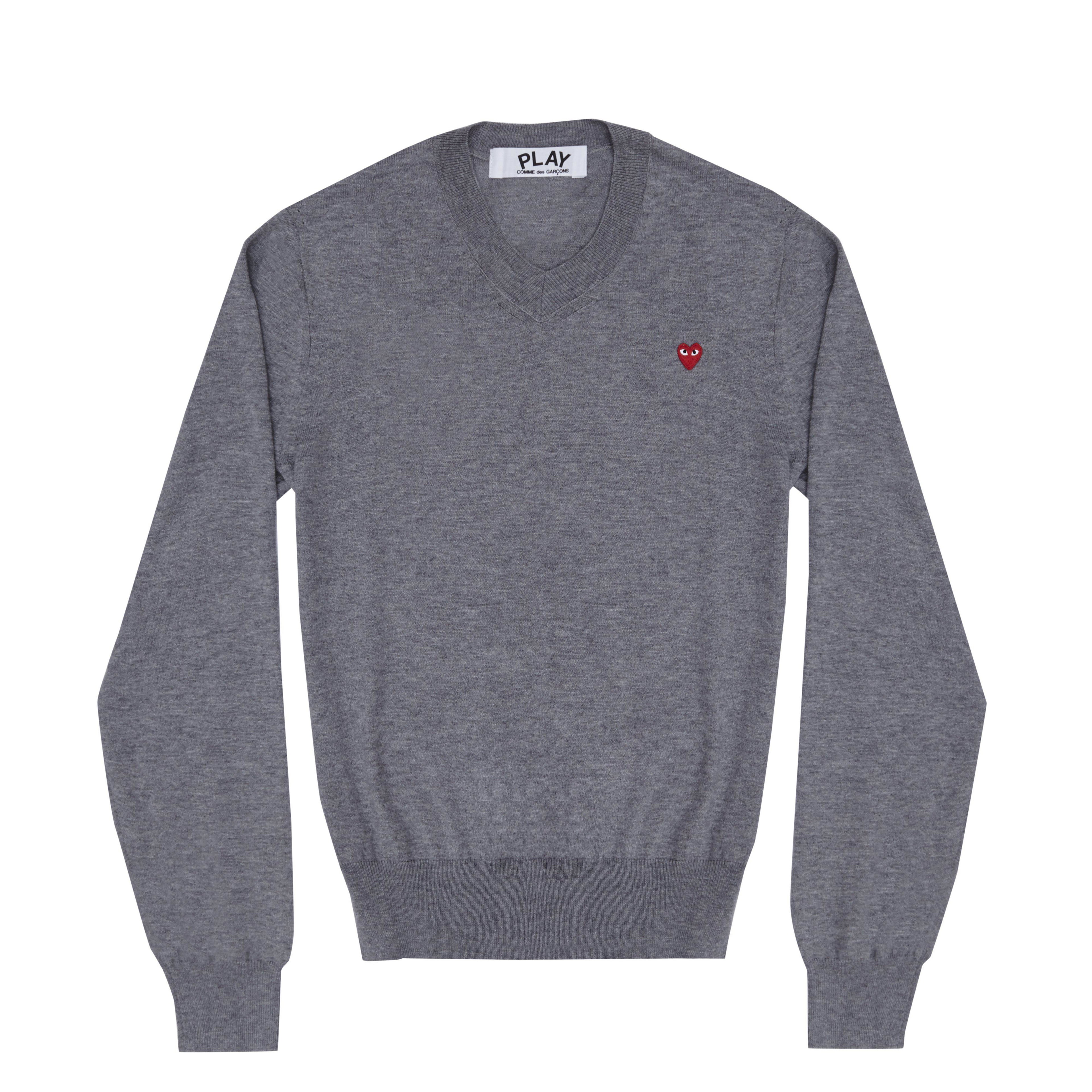 Play - Little Red Heart Cotton V-Neck Sweater - (Top Grey) by COMME DES GARCONS