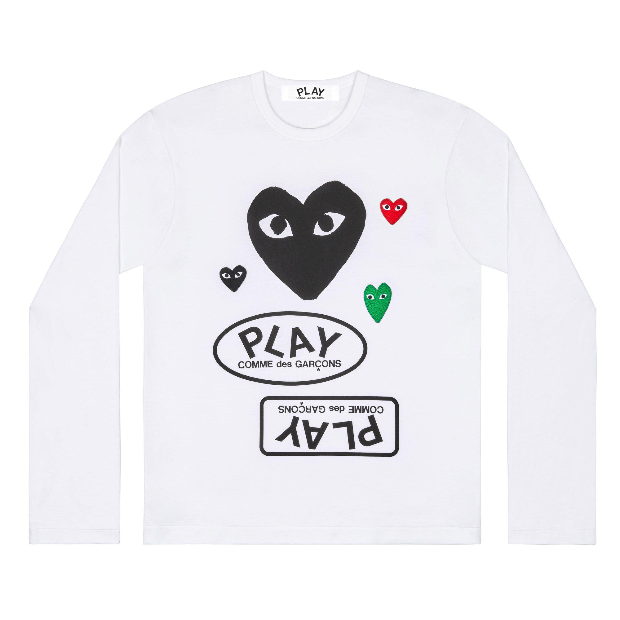 Play - Logo Longsleeve T-Shirt with Black Heart - (White) by COMME DES GARCONS