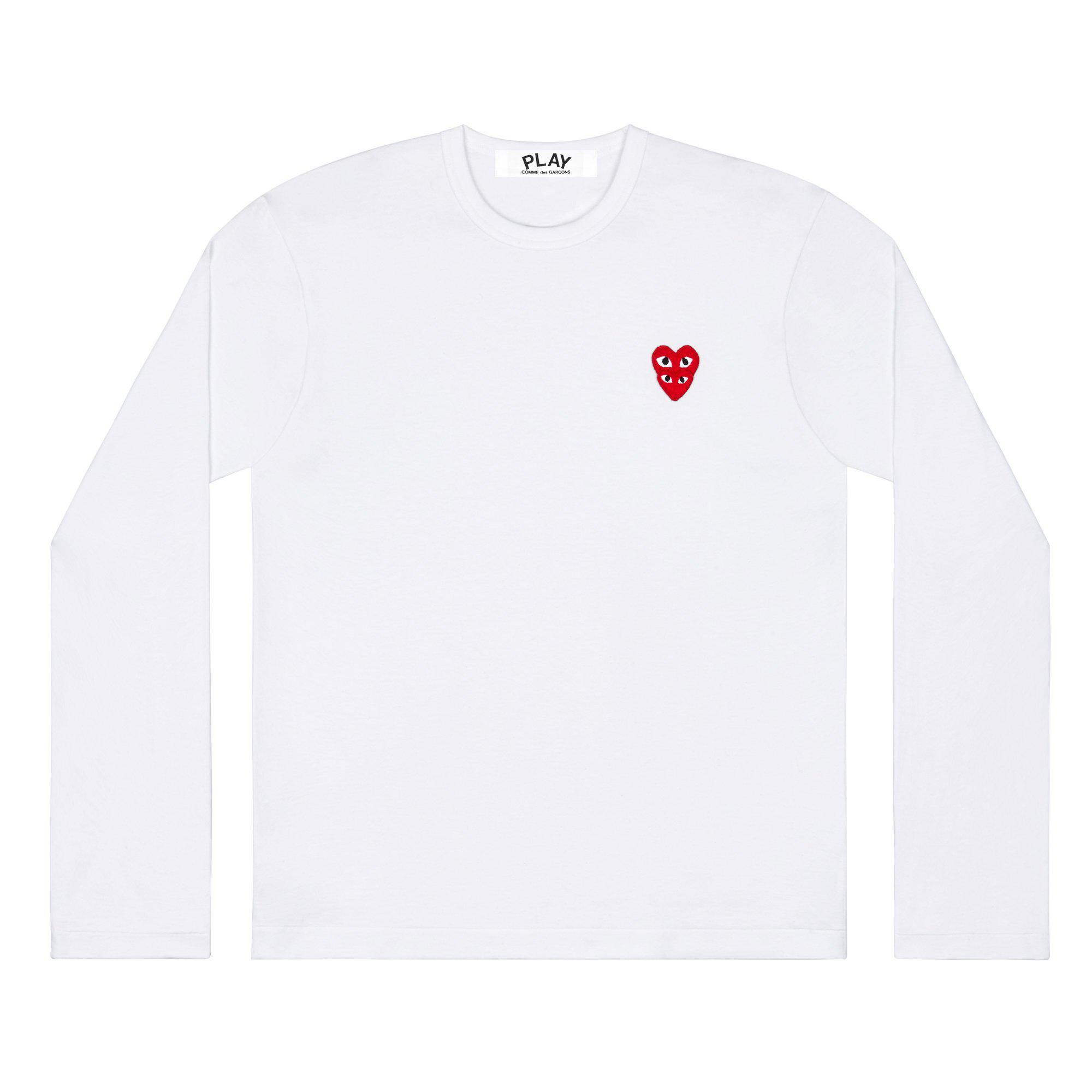 Play - Longsleeve T-Shirt with Double Red Heart - (White) by COMME DES GARCONS
