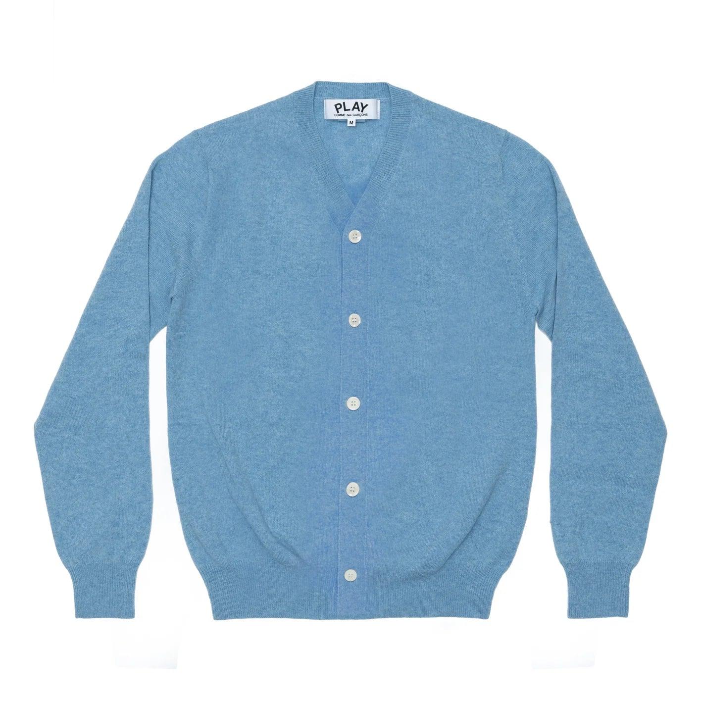 Play - Men's Lambswool V Neck Cardigan - (Blue) by COMME DES GARCONS