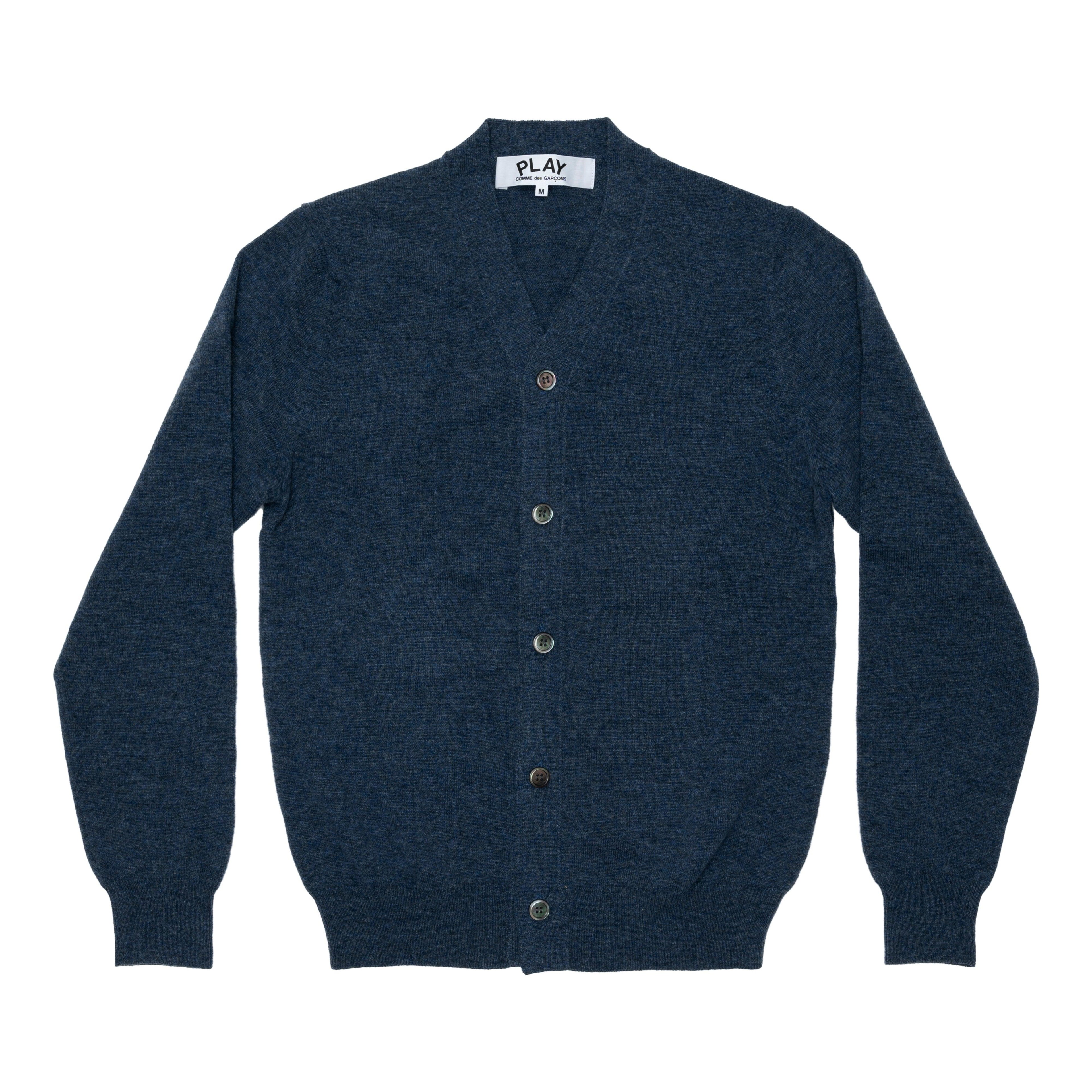 Play - Men's Lambswool V Neck Cardigan - (Navy) by COMME DES GARCONS