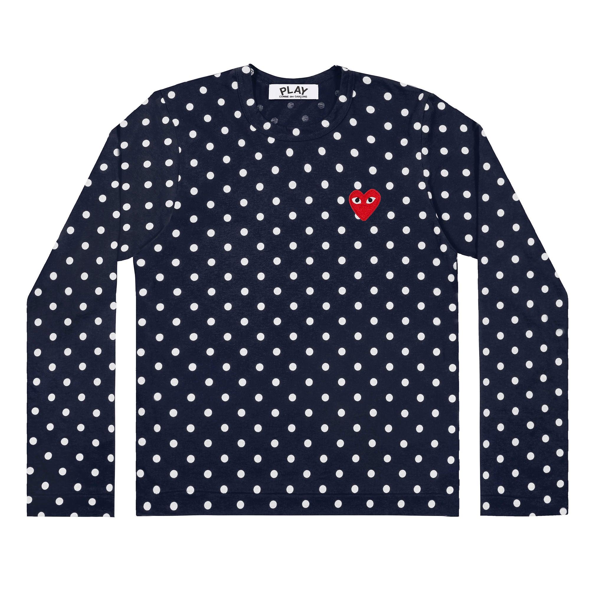 Play - Red Heart Polka Dot Long Sleeve T-Shirt - (Navy/White) by COMME DES GARCONS