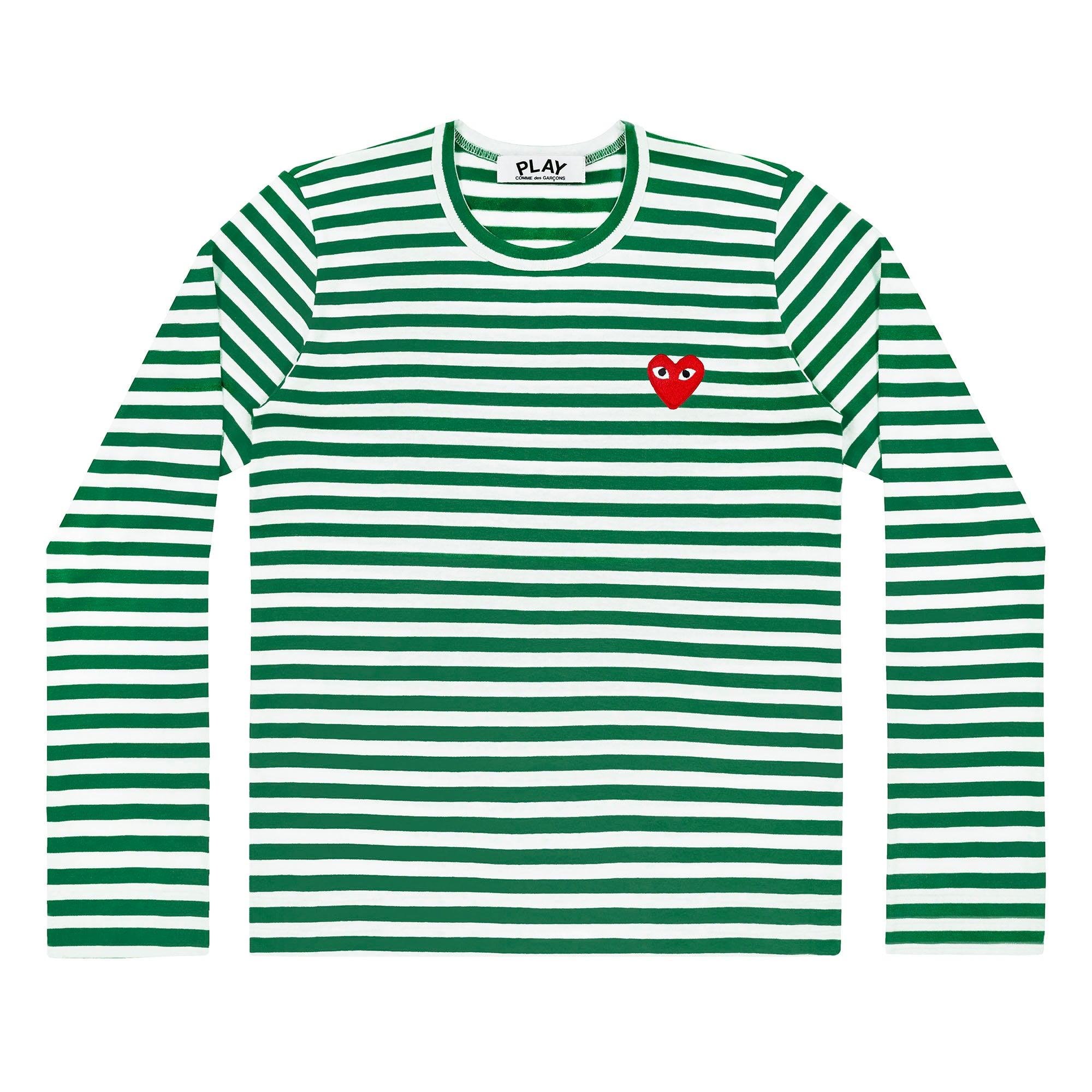 Play - Red Heart Striped Long-Sleeve - (Green/White) by COMME DES GARCONS Play - Red Heart Striped Long-Sleeve - (Green/White) by COMME DES GARCONS