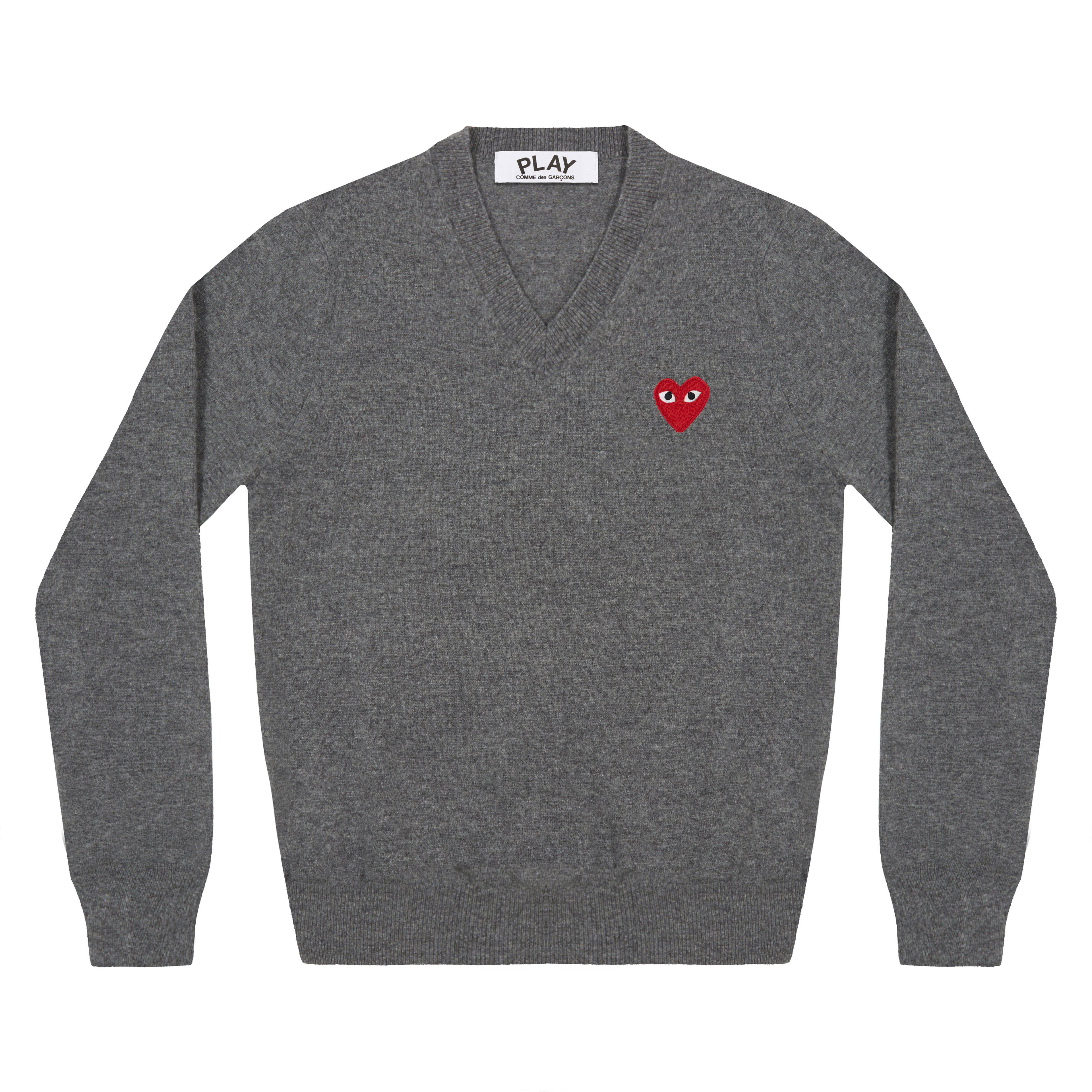 Play - Red V Neck Sweater - (Grey) by COMME DES GARCONS