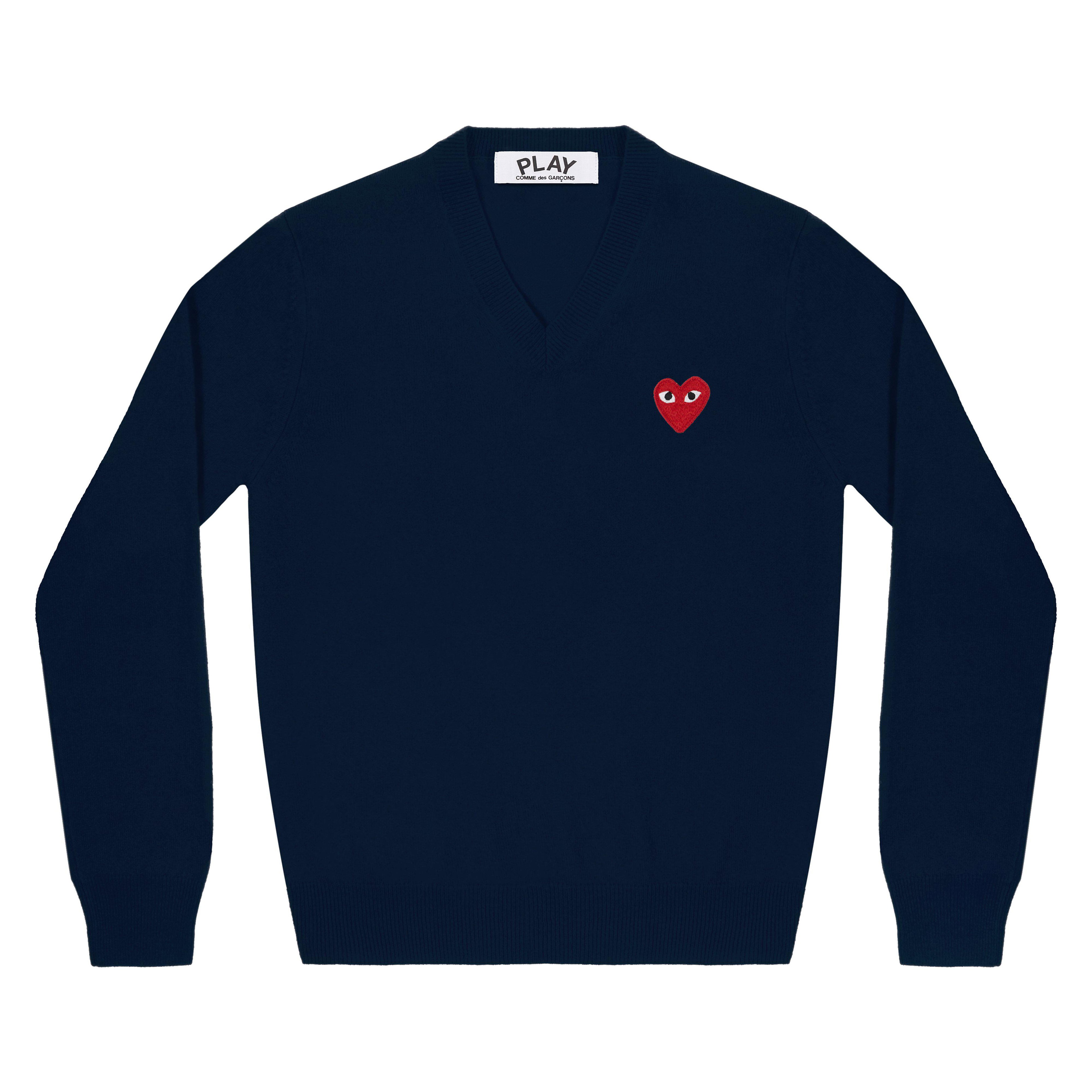 Play - Red V Neck Sweater - (Navy) by COMME DES GARCONS