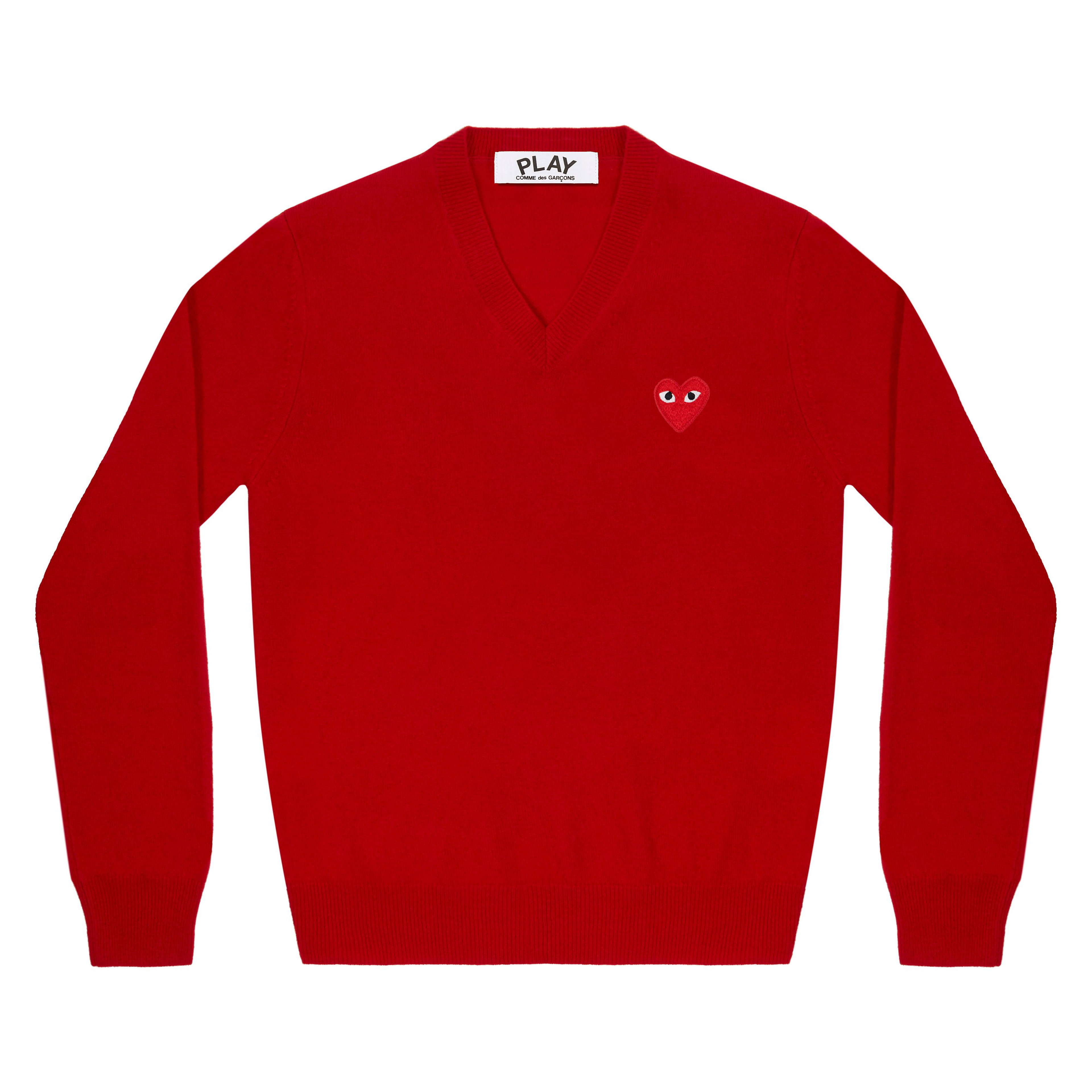 Play - Red V-Neck Sweater - (Red) by COMME DES GARCONS