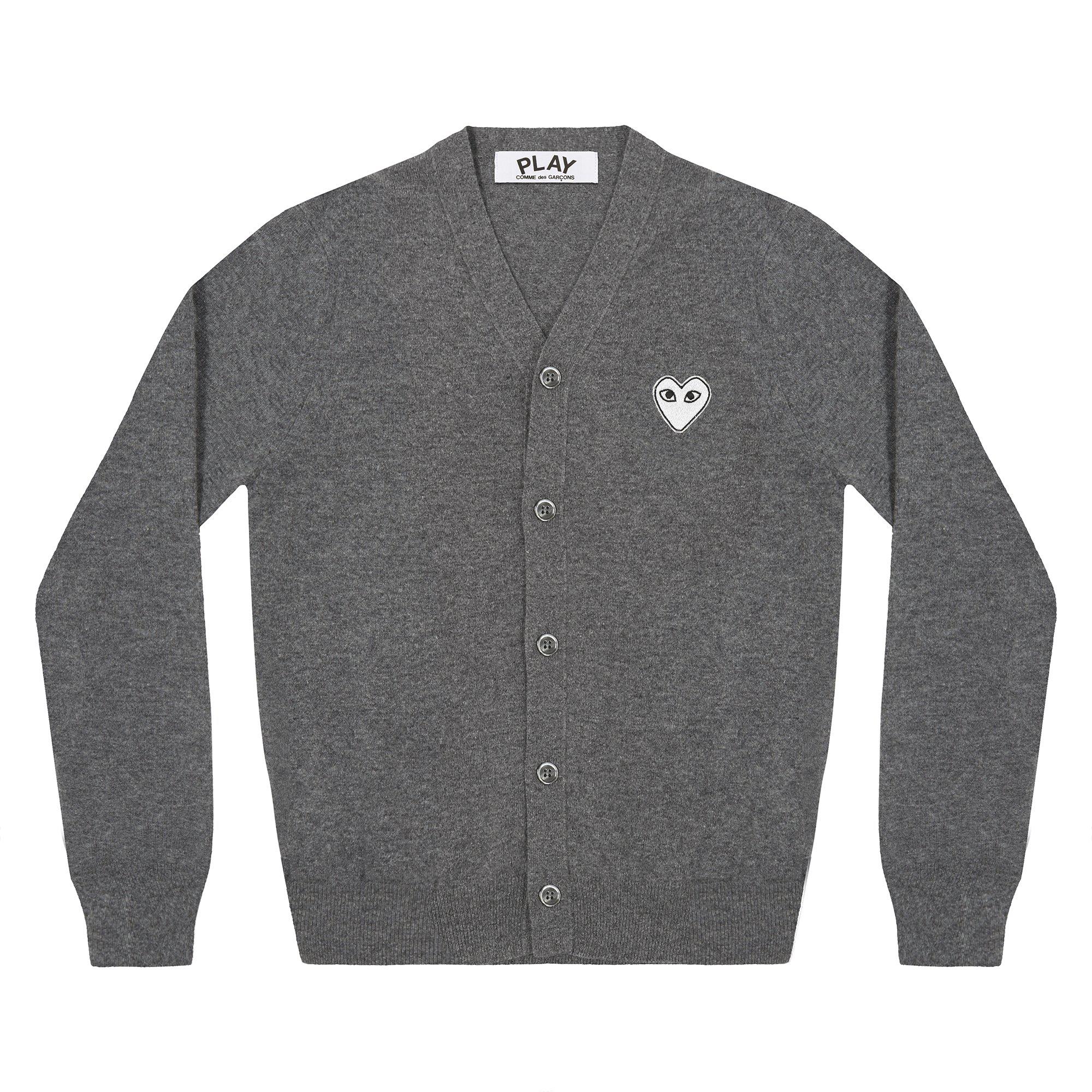 Play - White Heart Men’s Cardigan - (Dark Grey) by COMME DES GARCONS