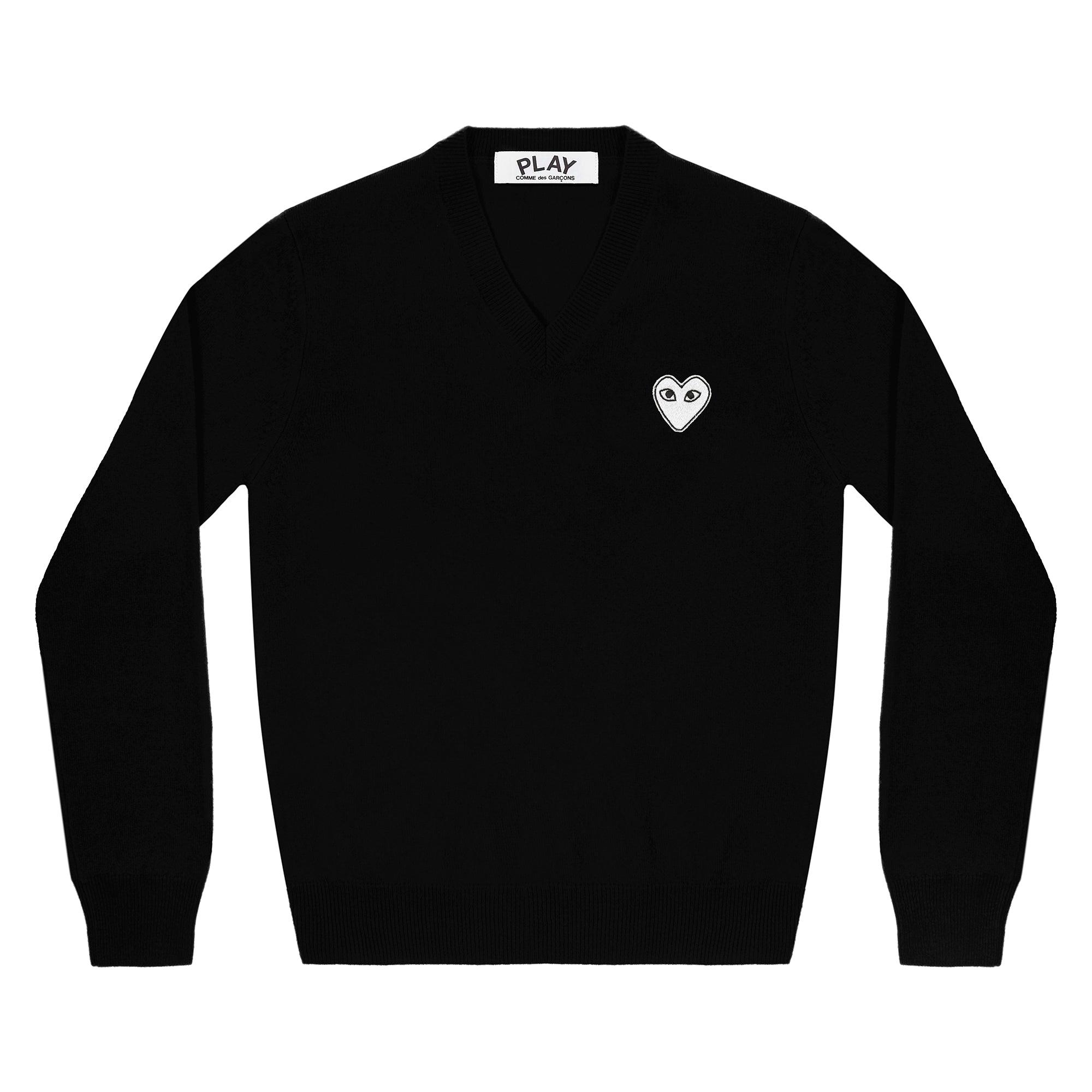 Play - White Heart V Neck Sweater - (Black) by COMME DES GARCONS