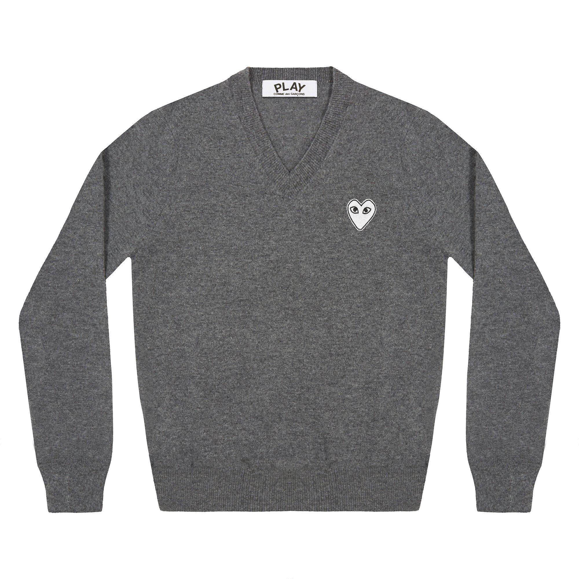 Play - White Heart V Neck Sweater - (Dark Grey) by COMME DES GARCONS