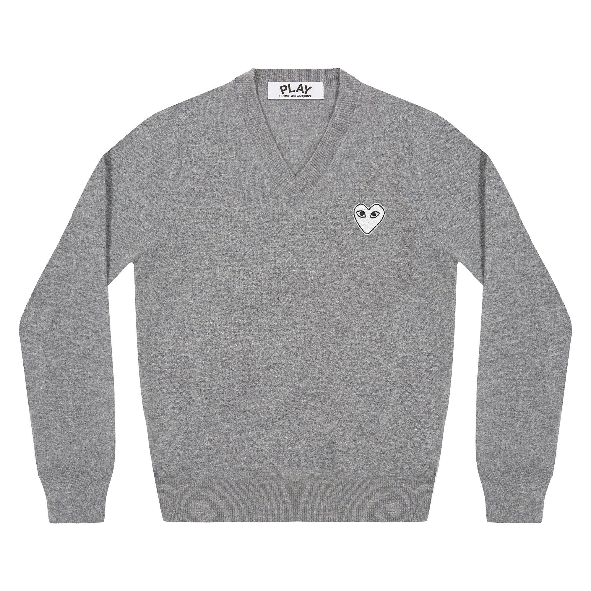 Play - White Heart V Neck Sweater - (Light Grey) by COMME DES GARCONS
