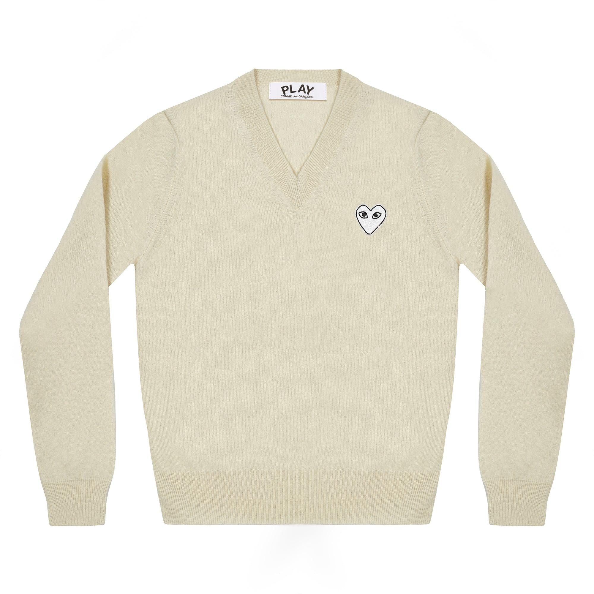 Play - White Heart V Neck Sweater - (Natural) by COMME DES GARCONS