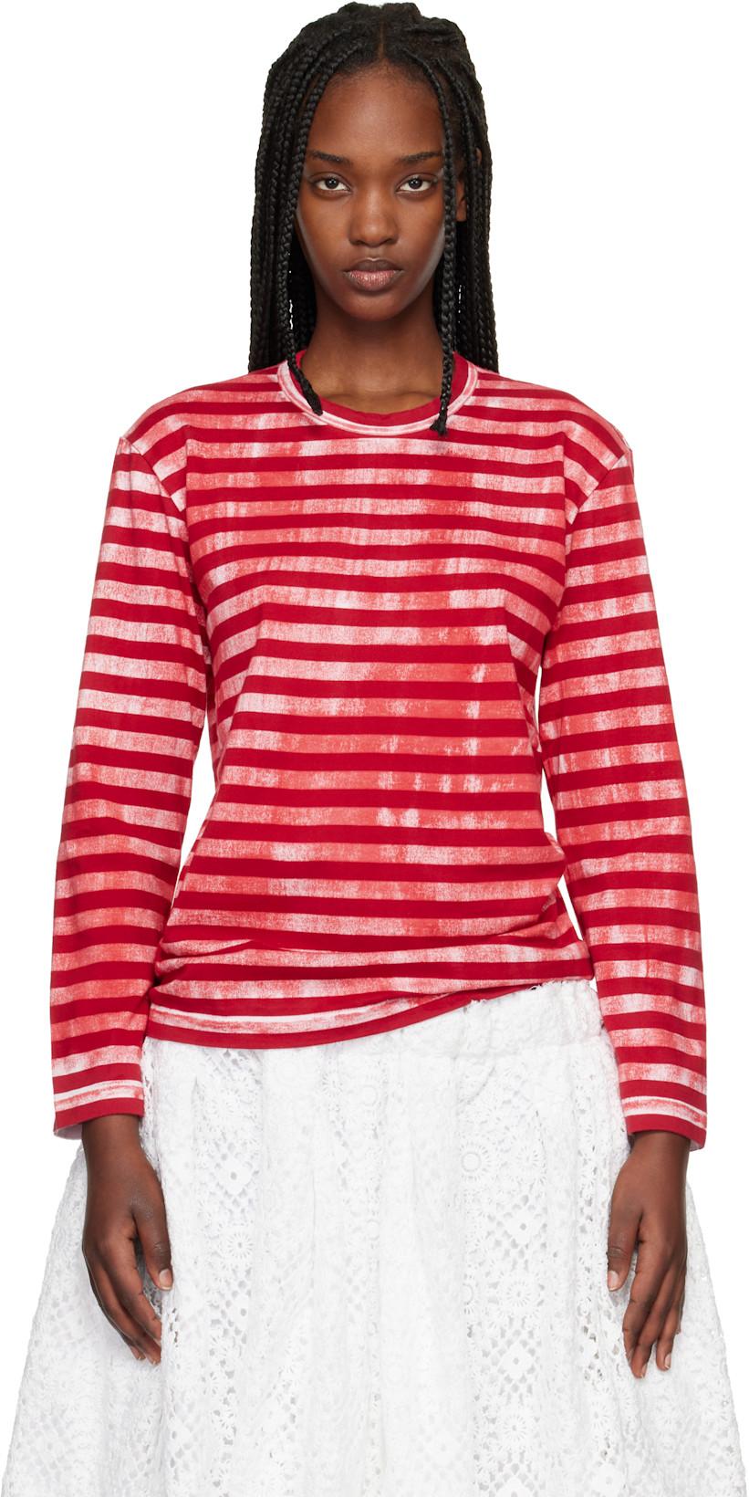 Red Cotton Jersey Stripe Garment Treated T-Shirt by COMME DES GARCONS