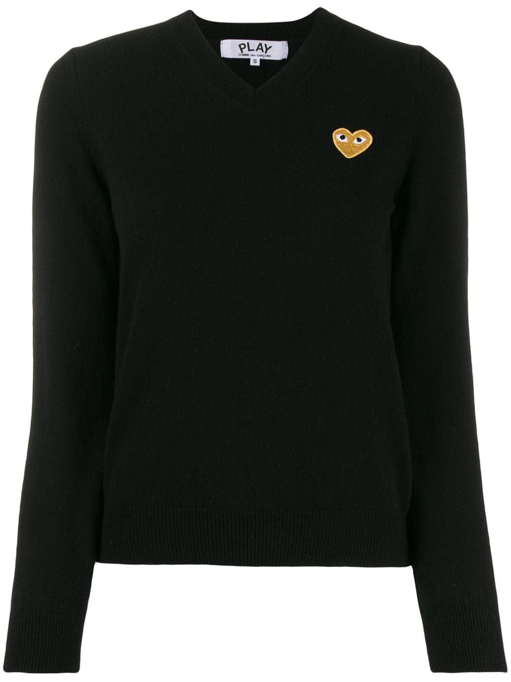 heart-patch V-neck wool sweater by COMME DES GARCONS