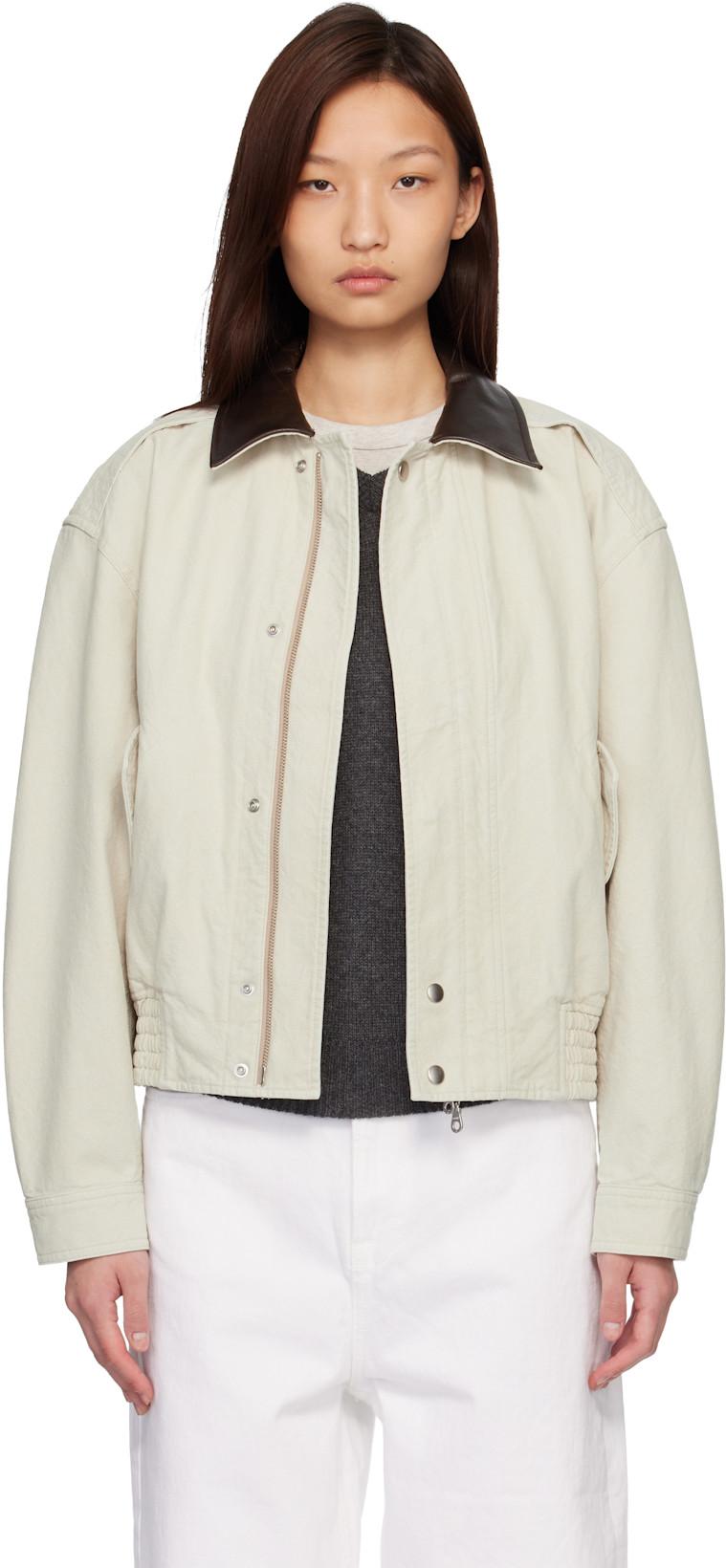 Beige Leather Collar Washed Cationized Bomber Jacket by COOR
