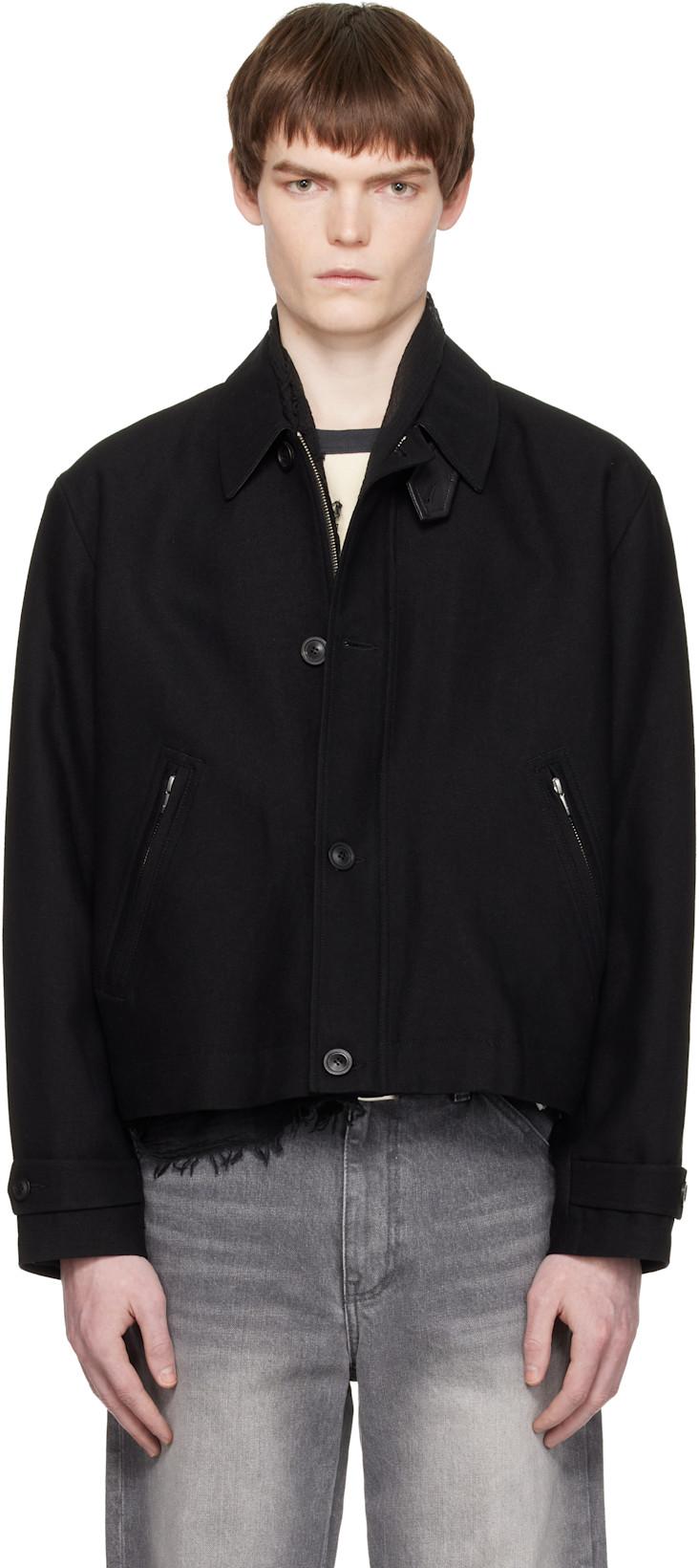 Black Wool Linen Blend Leather Tab Jacket by COOR