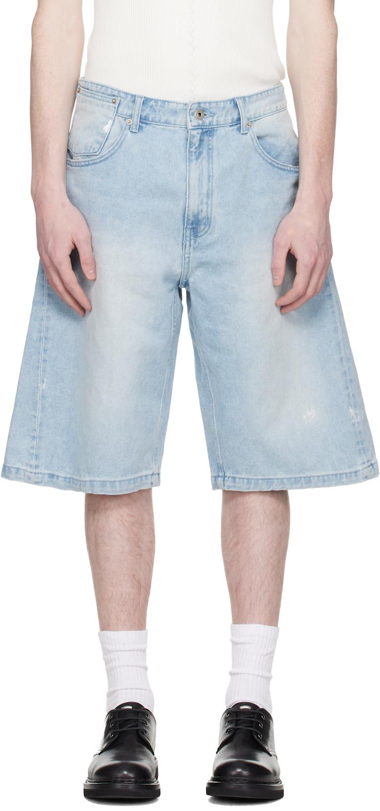 Blue Painted Washed Bermuda Denim Shorts by COOR