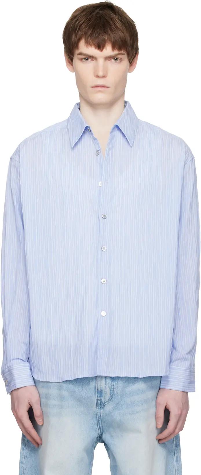 Blue Semi-Overfit Wrinkle Stripe Shirt by COOR