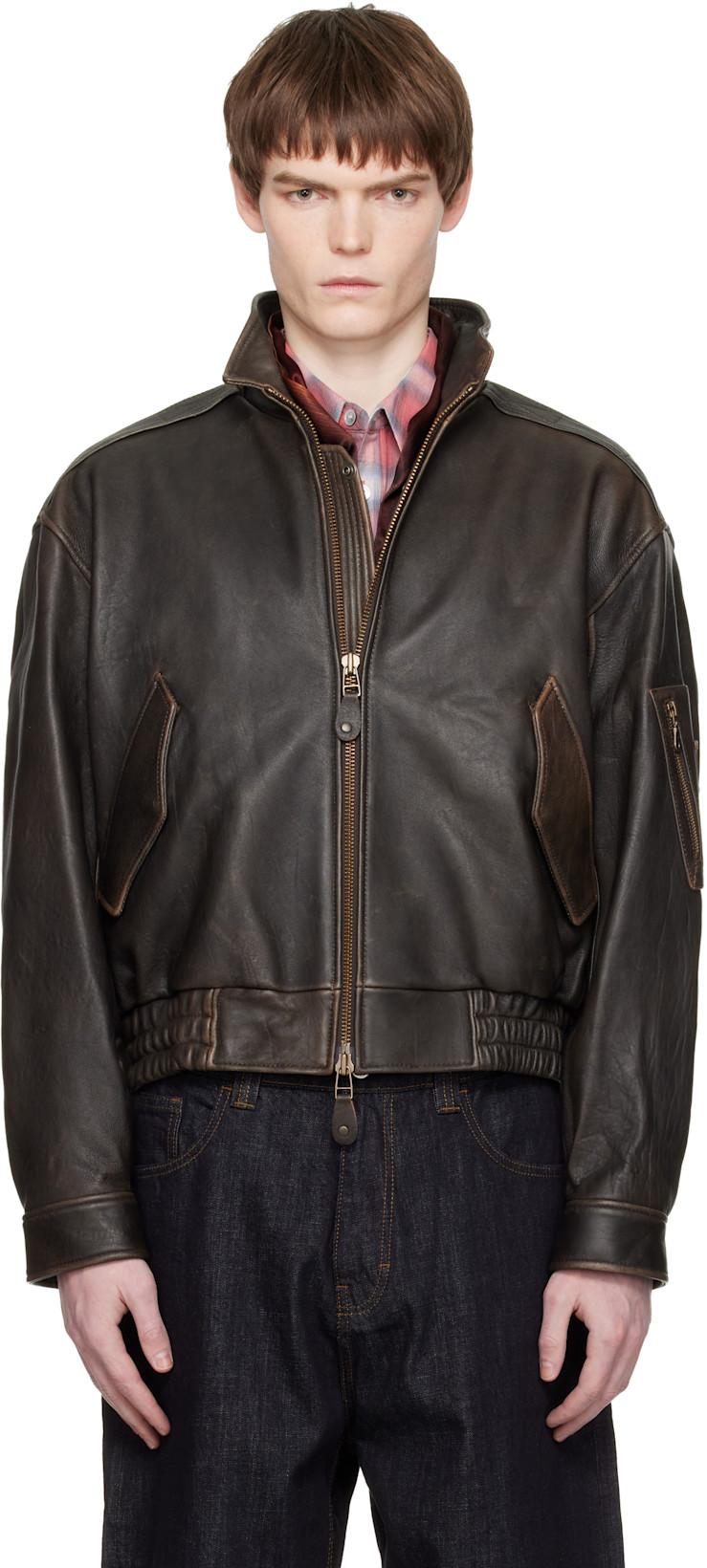 Brown Vintage Shelter Neck Collar Leather Jacket by COOR