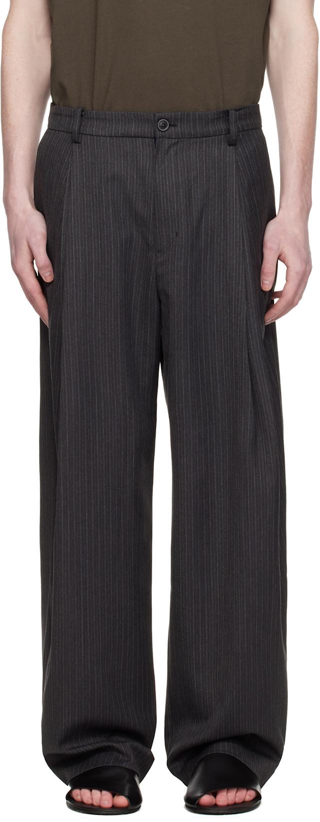 Gray Stripe Wool Blend Pleated Trousers by COOR