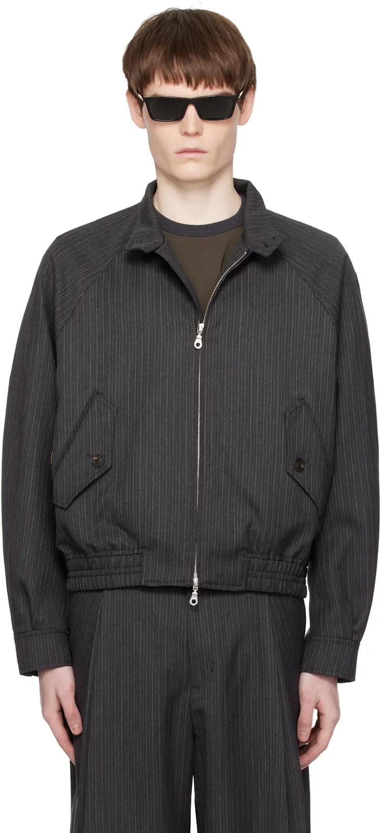 Gray Striped Wool Blend Harrington Jacket by COOR