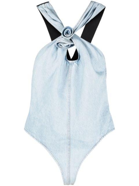 floral-appliqué denim bodysuit by COPERNI
