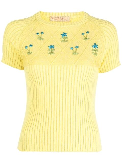 flower-embroidered knitted T-shirt by CORMIO