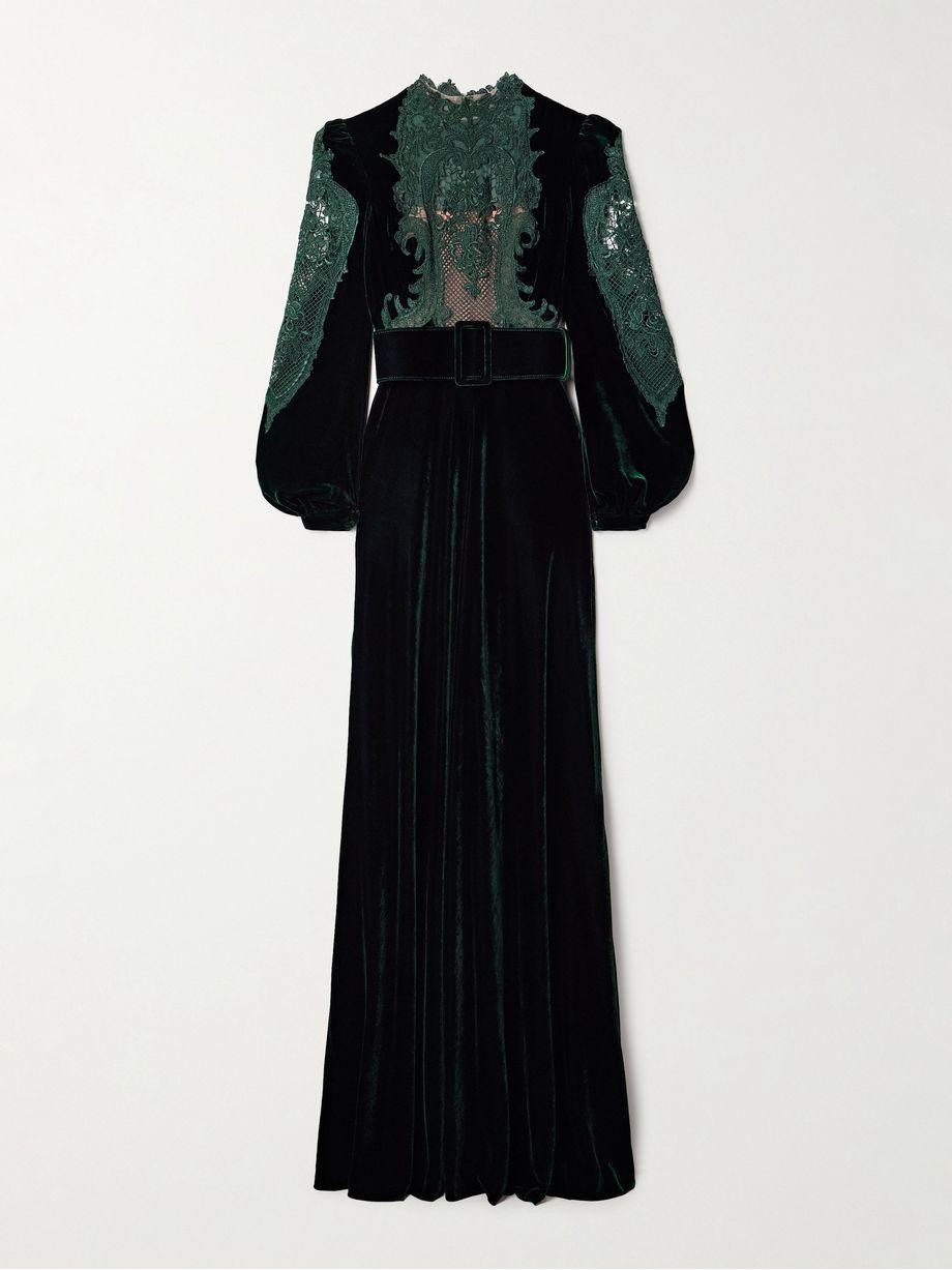 Belted corded lace-trimmed velvet gown by COSTARELLOS Belted corded lace-trimmed velvet gown by COSTARELLOS