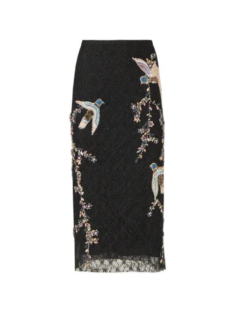 Vivi corded-lace bird-appliqué lace midi skirt by COSTARELLOS