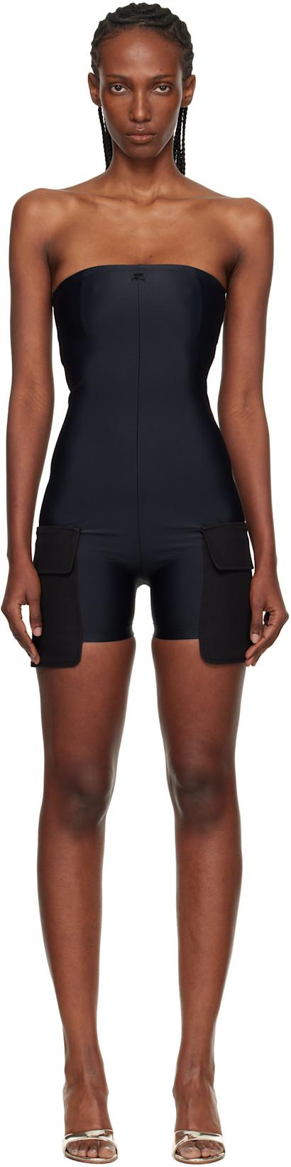 Black 2-Pocket Jersey Bustier Overall Jumpsuit by COURREGES