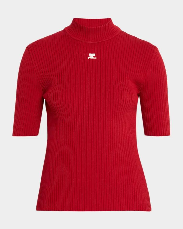 Mock-Neck Short-Sleeve Rib Pullover by COURREGES
