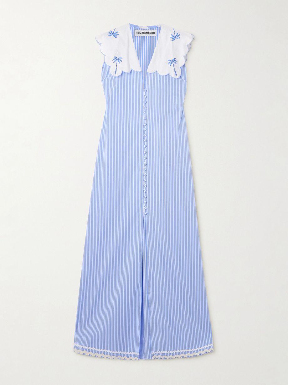 Isabella embroidered silk dupioni-trimmed striped cotton-poplin maxi dress by CRISTIANO MARCHELI