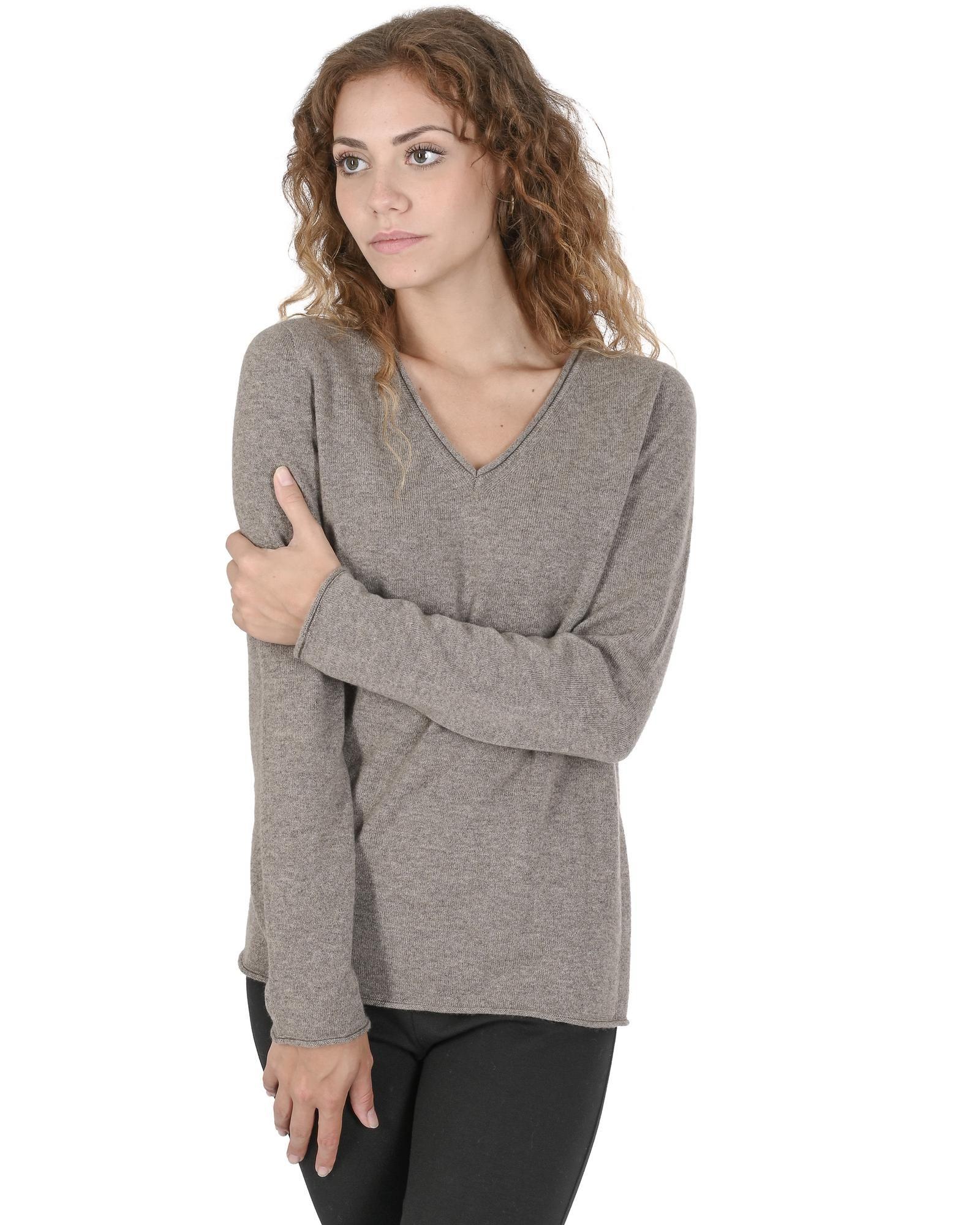 Long Sleeve VNeck Cashmere Sweater- Taupe by CROWN OF EDINBURGH CASHMERE