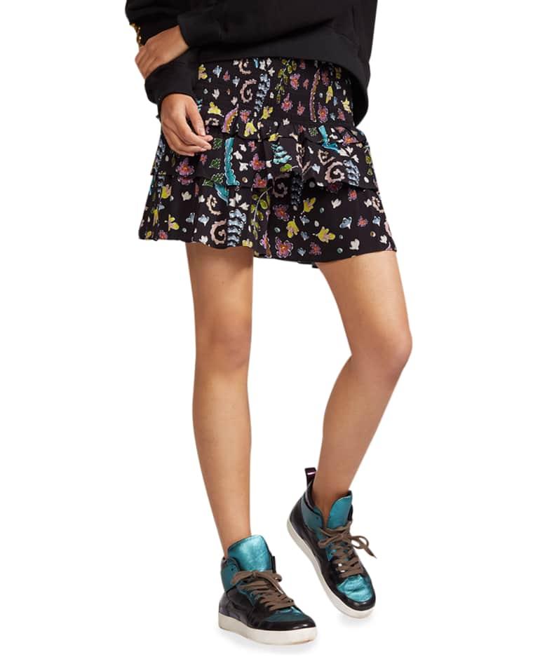 Smocked-Waist Printed Ruffle Mini Skirt by CYNTHIA ROWLEY