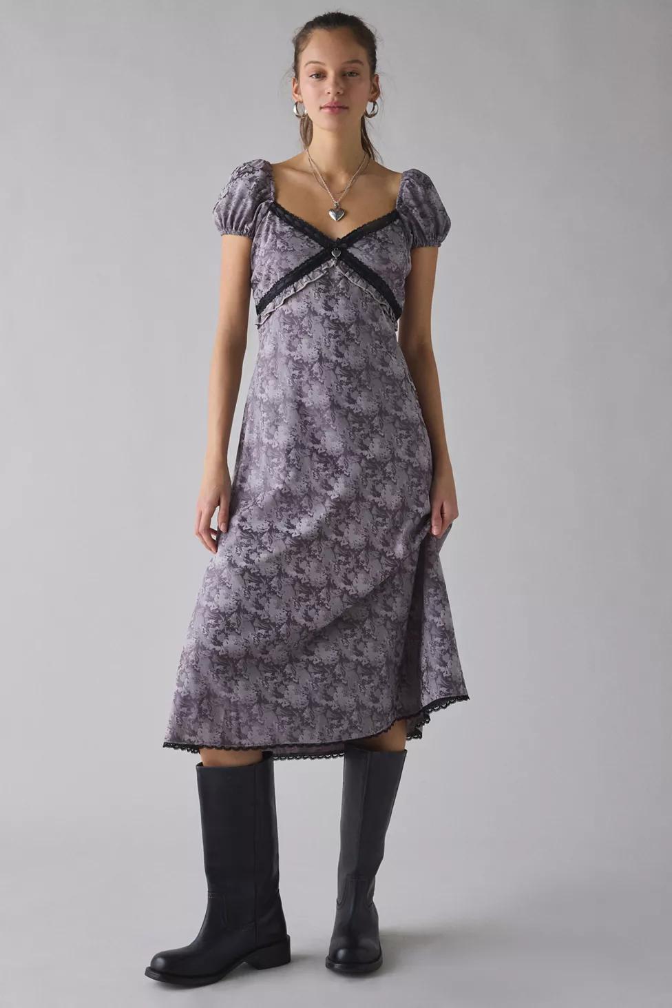 Daisy Street Fog Jacquard Satin Lace Trim Midi Dress by DAISY STREET