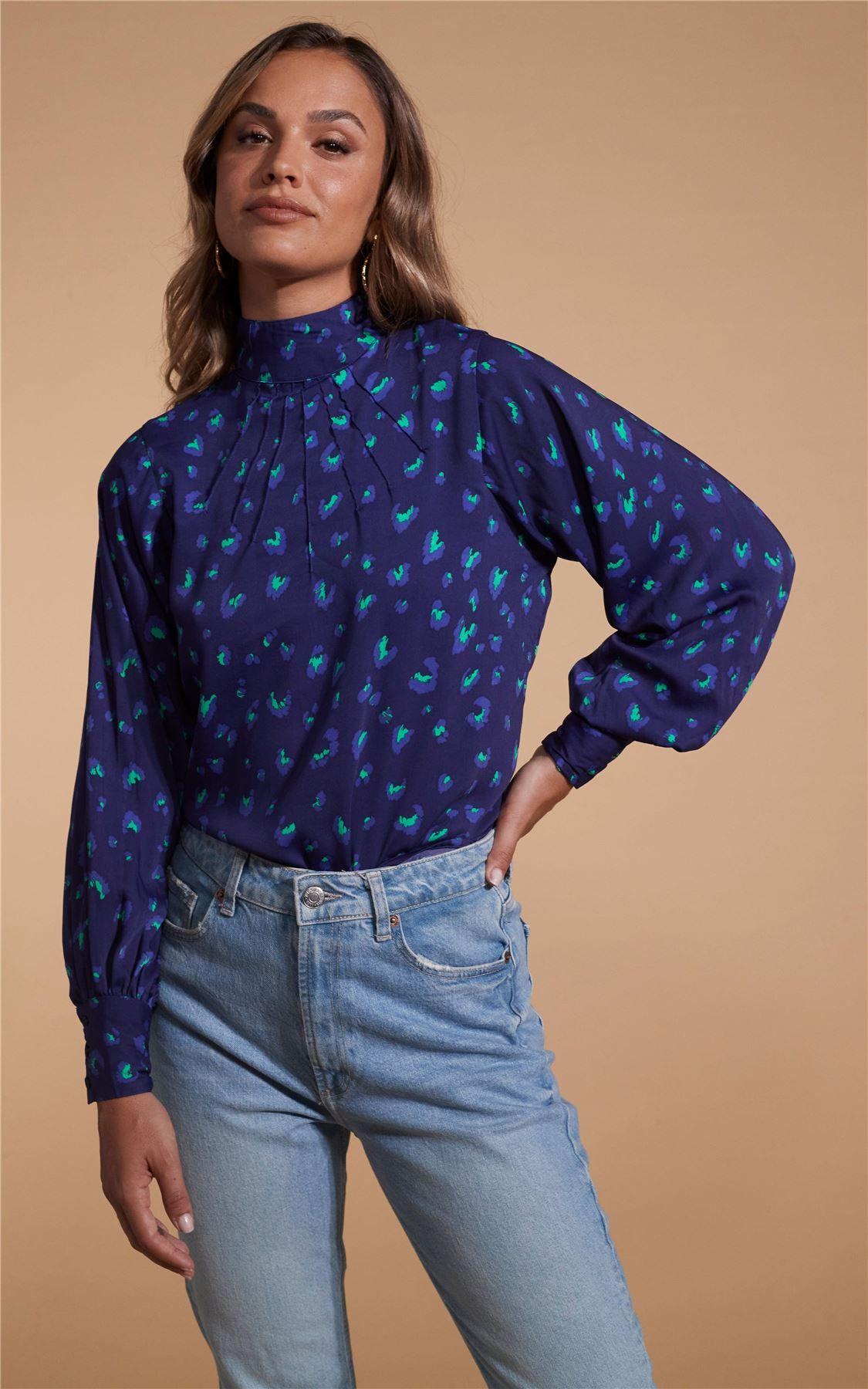 Margo Abstract Print Pintuck Blouse High Neck Blouson Sleeve Top by DANCING LEOPARD