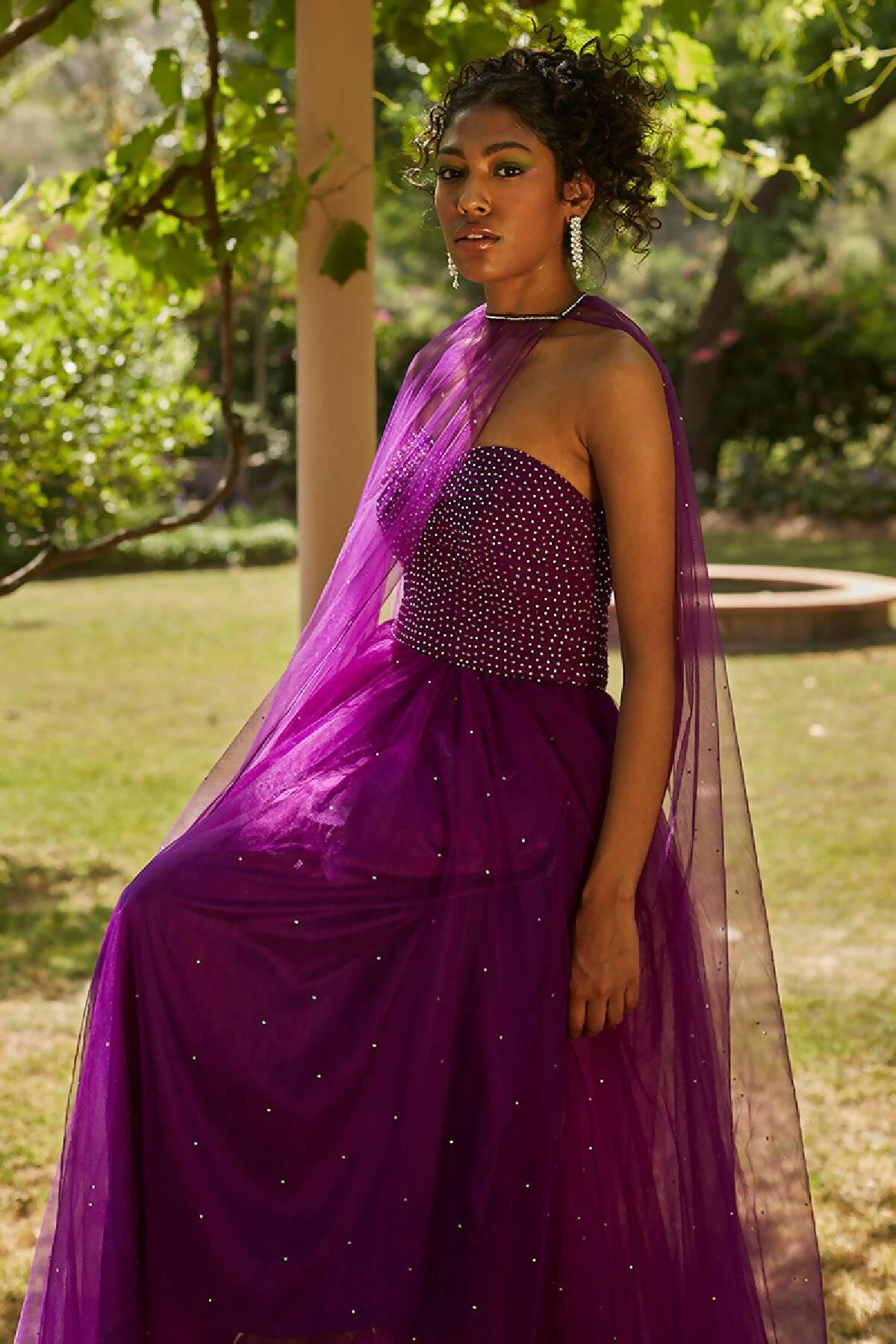 Purple Tulle Corset Gown & Cape by DANIA SIDDIQUI