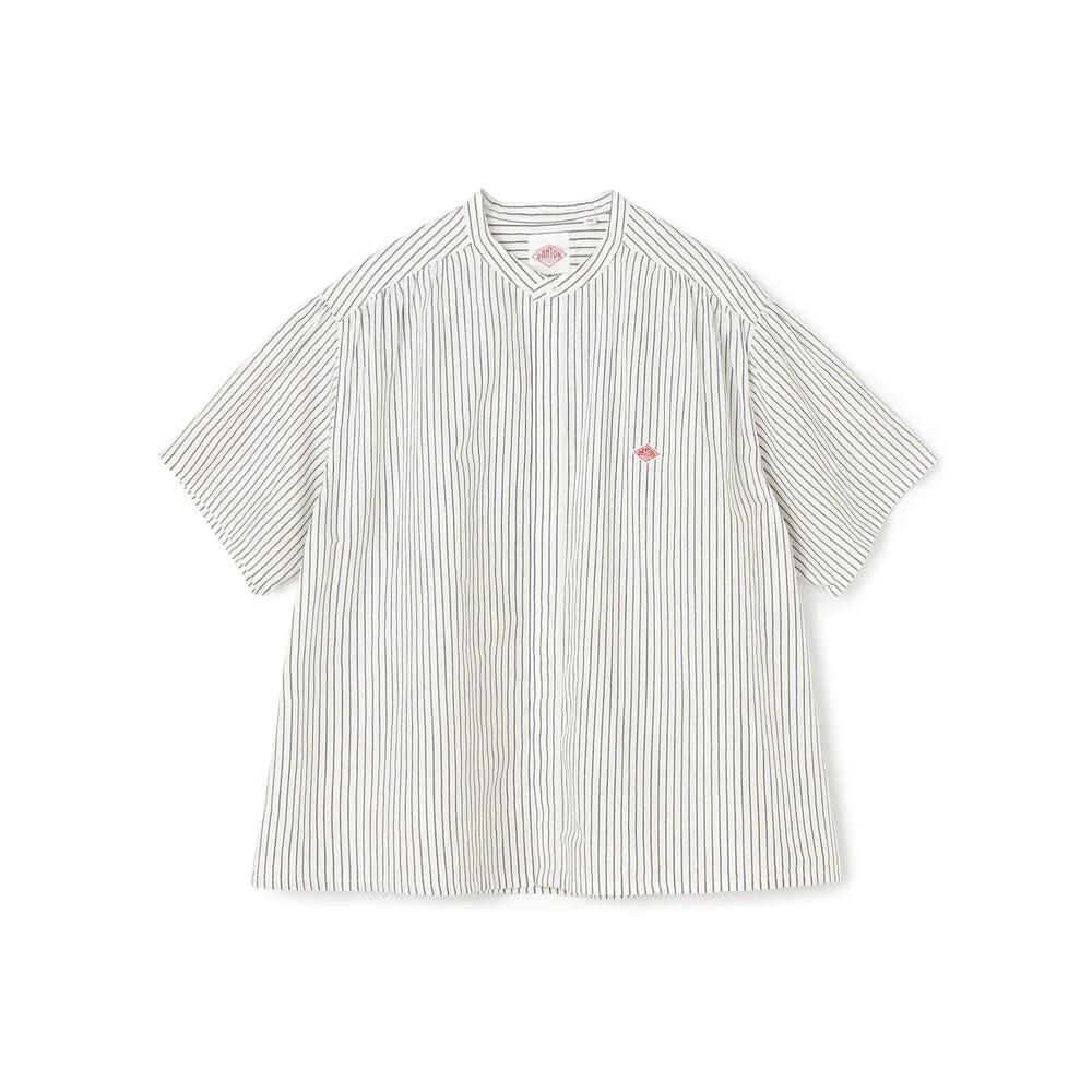 DANTON - Cotton Linen Gathered Shirt - (White x Charcoal) by DANTON