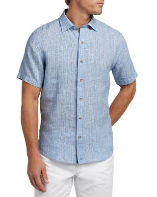 Linen Stripe Short Sleeve Shirt by DAVID DONAHUE