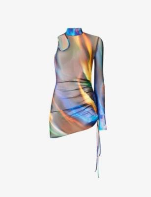 One-shoulder gradient-print stretch-mesh mini dress by DAVID KOMA