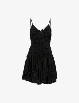 Ruched Floral-Embellished Woven Mini Dress by DAVID KOMA