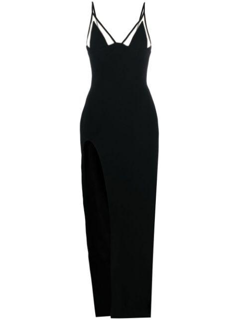 V-neck side-slit cady gown by DAVID KOMA