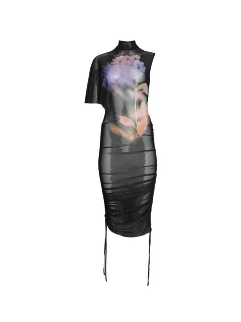 asymmetric-sleeve printed-mesh midi dress by DAVID KOMA
