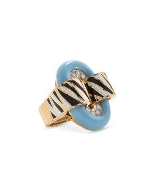 Platinum & 18K Yellow Gold Safari Diamond & Blue & Zebra Enamel Statement Ring by DAVID WEBB