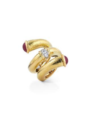 Platinum & 18K Yellow Gold Tool Chest Ruby & Diamond Pipe Hammered Coil Ring by DAVID WEBB