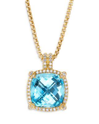 Chatelaine&reg; Pav&eacute; Bezel Pendant Necklace in 18K Yellow Gold with Blue Topaz and Diamonds by DAVID YURMAN
