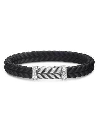 Men's Sterling Silver Chevron Diamond Wide Woven Black Rubber Bracelet by DAVID YURMAN